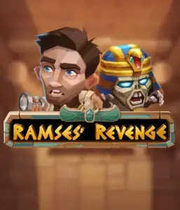 Uncover the thrilling world of the Ramses' Revenge game by Relax Gaming, showcasing a startled explorer and a fierce mummy against an Egyptian tomb backdrop. This graphic portrays the drama of tomb exploration, perfect for fans of Egyptian-themed slots, providing a captivating escape. 